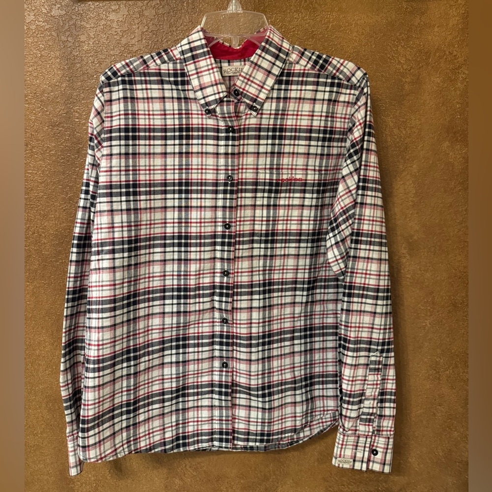Rockies Vintage Women's White Black Red Plaid Button Up Long Sleeve Shirt Size S
